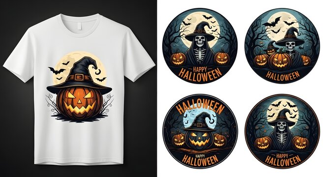 Halloween tshirt design with pumpkin and skeleton illustrations