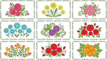 Vector illustration of decorative floral motifs with vine borders representing colorful flowers and ornamental design themes © Sheikh