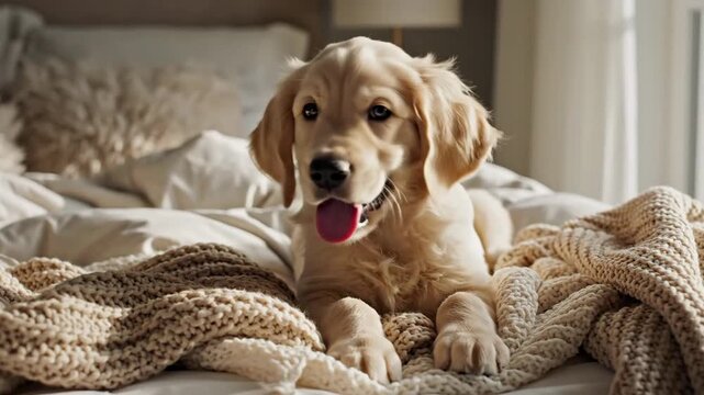 Golden Retriever Dog on Bed.