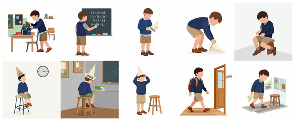 Fototapeta premium Vector illustration set of a schoolboy facing academic challenges, failure, and punishment with a dunce cap in a classroom setting.