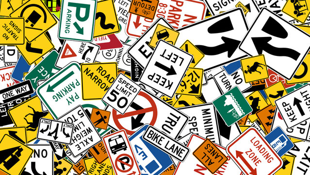 Background collage of various US traffic signs and road safety signals