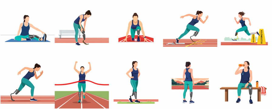 Flat Vector Illustration Set of a Female Parathlete with Leg Prosthesis Training and Competing on a Running Track