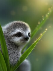 Fototapeta premium Gentle Baby Sloth With Soft Eyes Resting on Green Leaves in the Forest