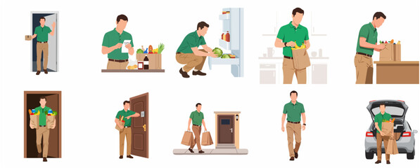 Fototapeta premium Grocery delivery service man in various poses and actions set flat vector illustration