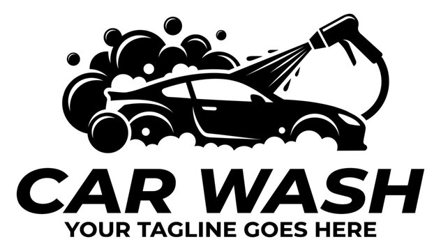 Car wash logo template with auto silhouette water spray and foam