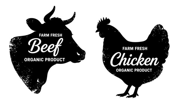 Farm fresh beef chicken food label packaging badge silhouette sign