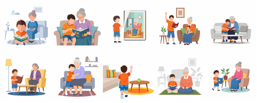 Grandmother and grandson bonding through reading and spending quality time illustration set