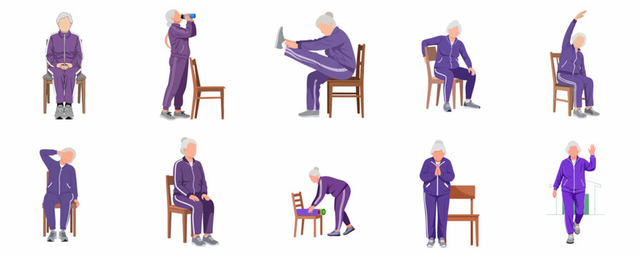 Senior woman in purple tracksuit performing various chair yoga and seated exercises set. Flat vector illustration of elderly active lifestyle isolated on white background.