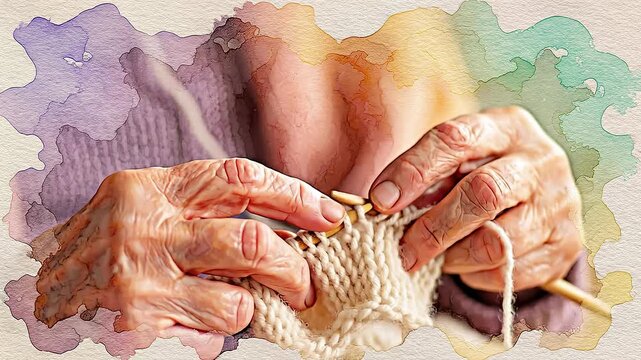 Close up of wrinkled elderly hands knitting white wool with wooden needles. Watercolor digital painting style conveying peace and tradition. Use for retirement or hobby related content.
