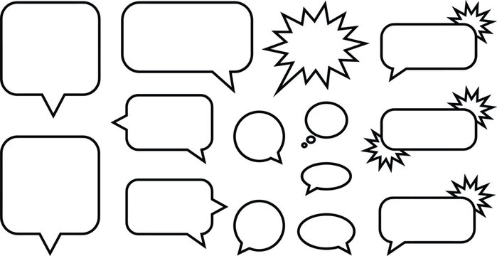 Minimalist comic speech bubble set with thought balloon explosive flash and rounded rectangle dialogue frames vector