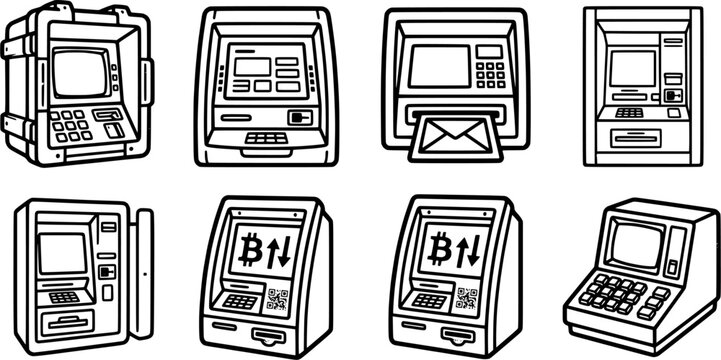 Set of eight automated teller machine line art icons