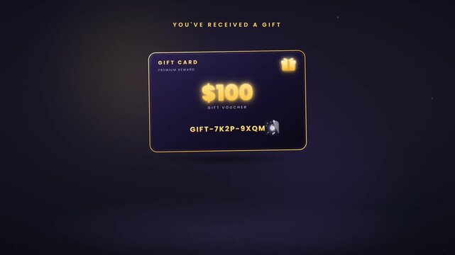 Gift card reveal animation with scratch off voucher unlocking one hundred dollar reward code