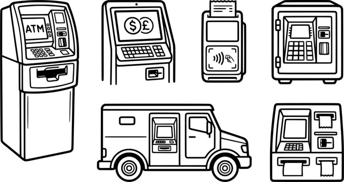 atm cash machines and payment terminal vector set collection