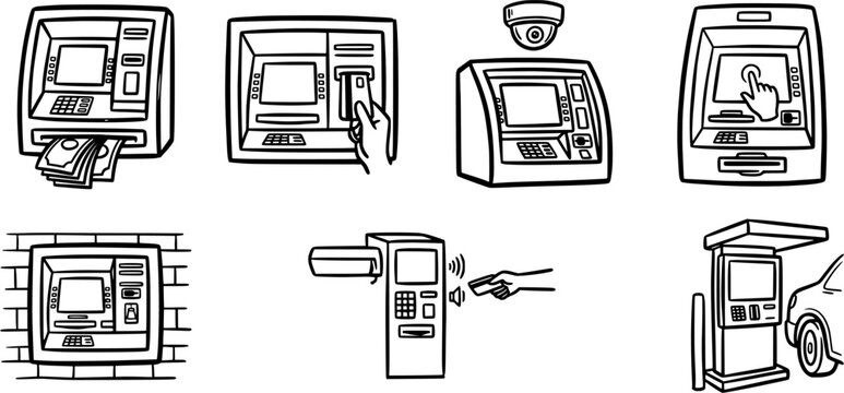 set of black and white atm machine doodle icons