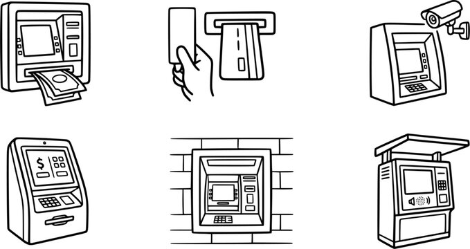 set of six atm machine banking vector line icons