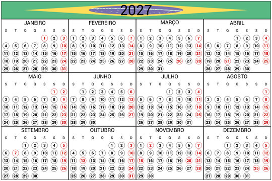 2027 Calendar Brazil Holidays Native Language Horizontal High Res