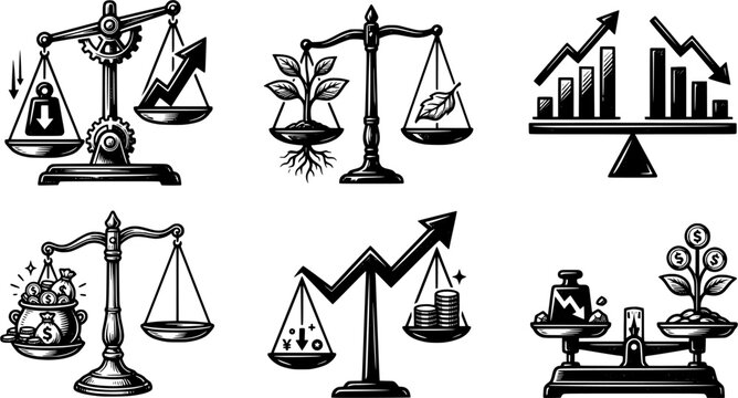 financial balance scale icons set with growth graph symbols