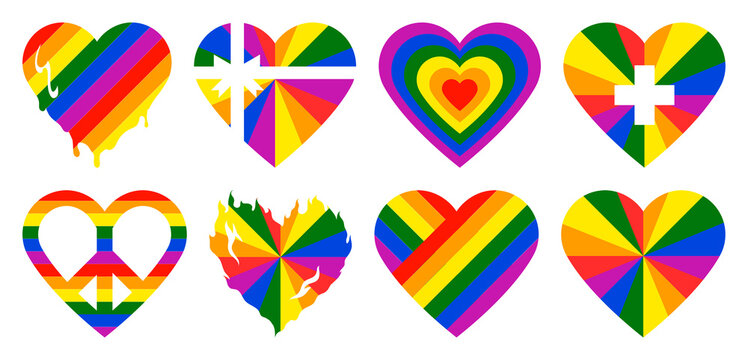 PNG Colorful geometric rainbow hearts on transparent background