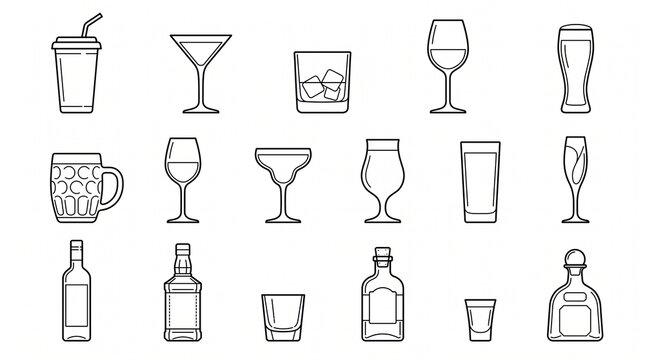 Outlined drinkware and bottles arranged in rows, minimalist catalog emphasizing classification, hospitality design, and beverage culture.