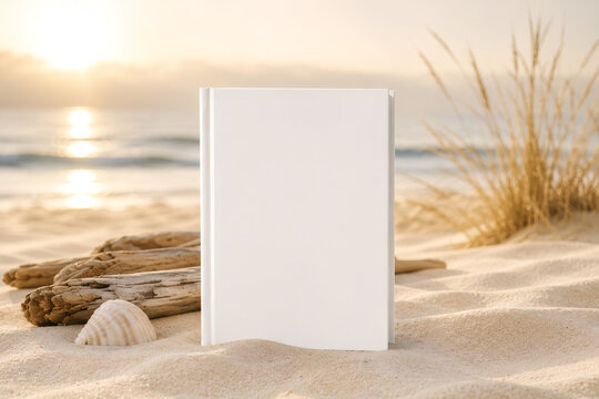 Hardcover book standing on sand in serene landscape scene. Book cover template in golden evening light.