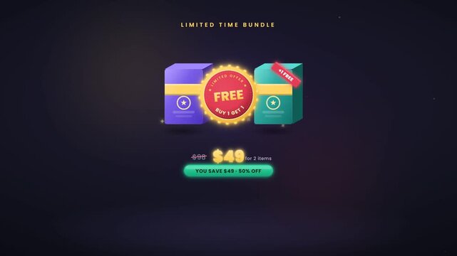 Limited time product bundle deal animation with free offer and fifty percent discount price drop