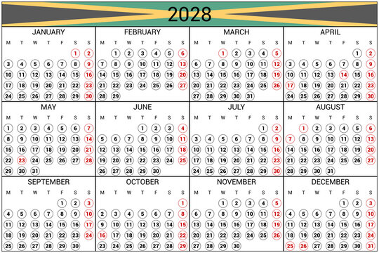 2028 Calendar Jamaica Holidays Native Language Horizontal High Res