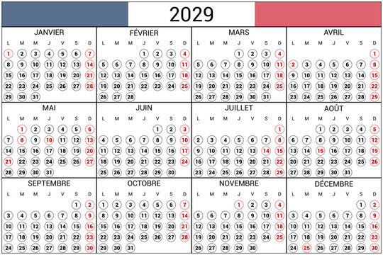 2029 Calendar France Holidays Native Language Horizontal High Res