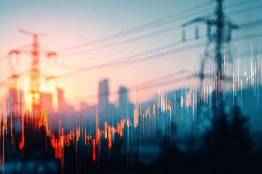 Energy market data visualization with power transmission towers. Abstract electricity price chart and utility grid infrastructure. Financial analysis of power supply and demand