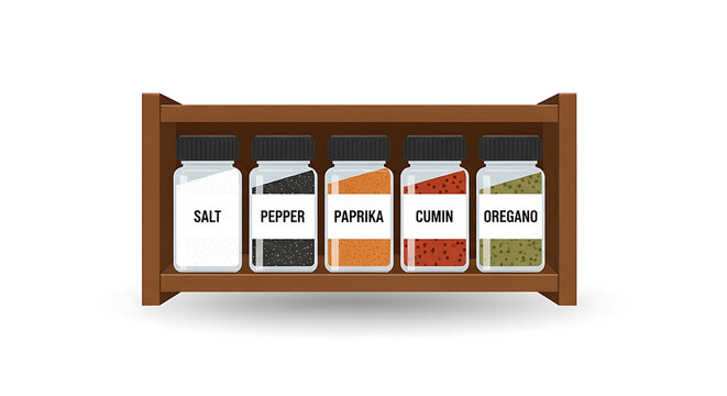 Vector illustration of a wooden spice rack with five glass jars containing various spices