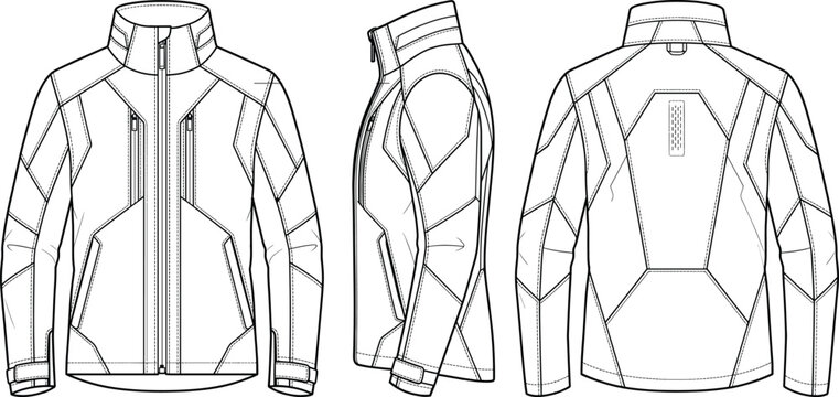 Technical of a black jacket, front, side, and back views