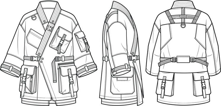Technical Line Drawing of Functional Utility Jacket with Multiple Pockets and Straps - Front, Side, and Back Views Fashion Design Flat