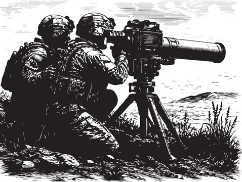 Soldiers aiming artillery cannon on coastal battlefield in vintage black and white illustration
