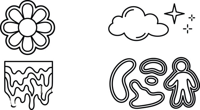 Retro groovy abstract line art elements set with flower cloud slime and organic shapes vector