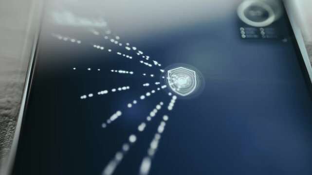 Animated graphic representing a secure data transmission featuring a shield symbol