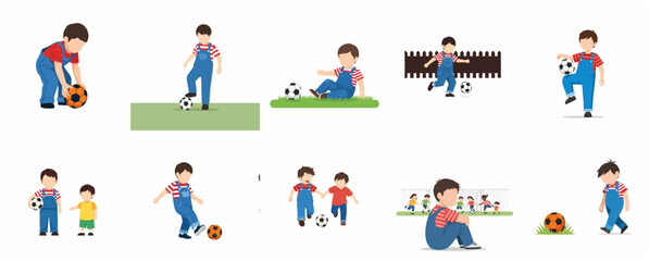 Fototapeta premium Collection of Little Boy Character Illustrations Playing Soccer in Flat Vector Style