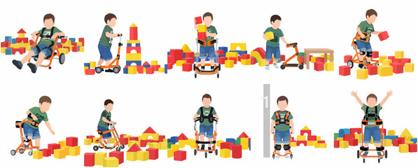 Fototapeta premium Set of vector illustrations depicting a young boy with physical disabilities using various mobility aids, walkers, and gait trainers while playing with building blocks and being active.