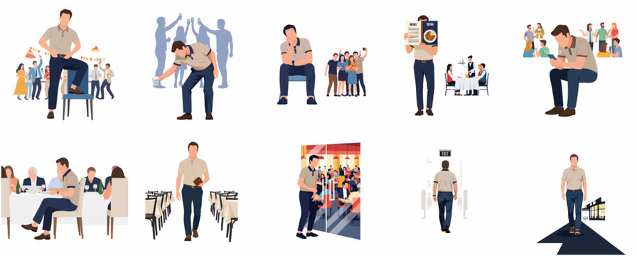 Flat vector illustration set of an introverted man in social situations, parties, and restaurants, depicting themes of loneliness and social anxiety.