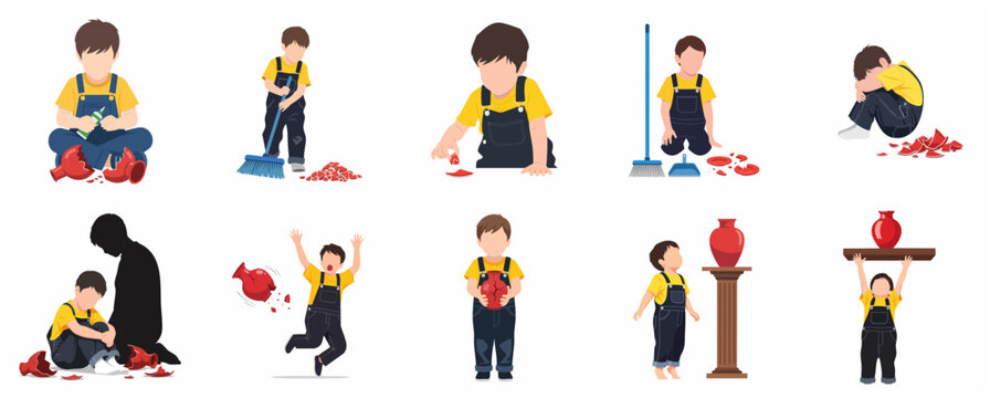Little boy character set accidentally breaking a vase, feeling guilty, cleaning up, and trying to fix it. Childhood accidents, parenting, and discipline concept vector illustrations.