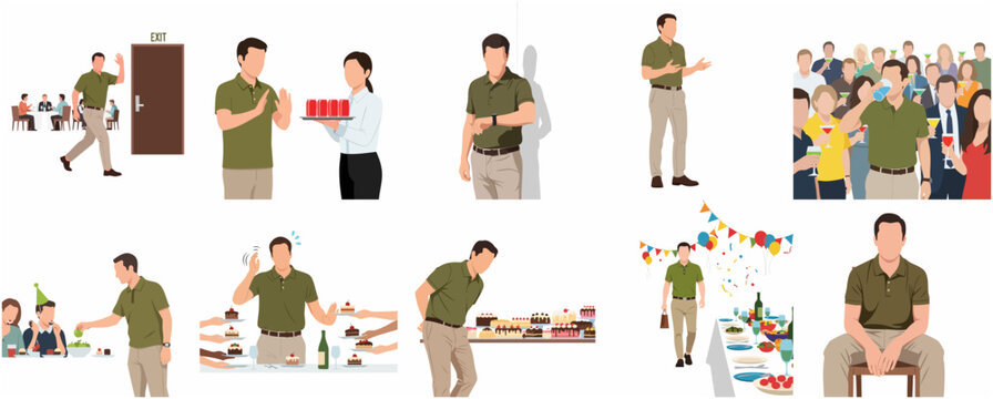 Illustration set of a man making healthy choices at a party, resisting sugar and alcohol, choosing water and salad for weight loss and lifestyle change.
