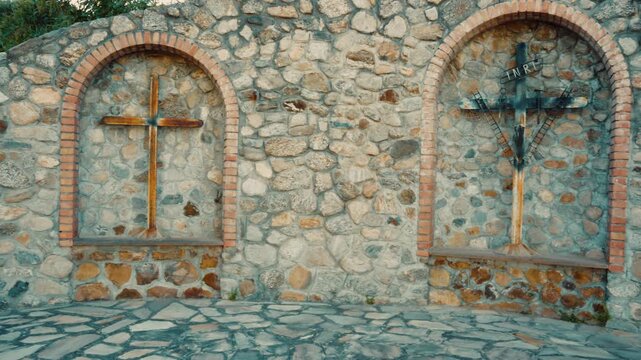 Christian crucifixes at Calvary, an outdoor scene for the faithful's prayers