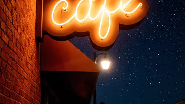Neon cafe sign illuminated at night on brick wall against starry sky