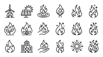 Fototapeta premium Black line icons of fire and flames.