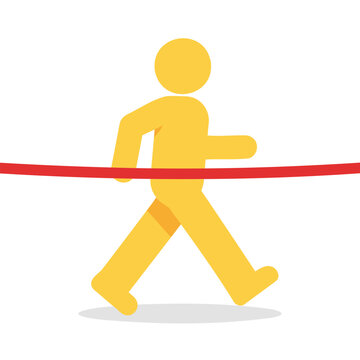 Minimalistic illustration of a yellow figure crossing a red finish line on a white background