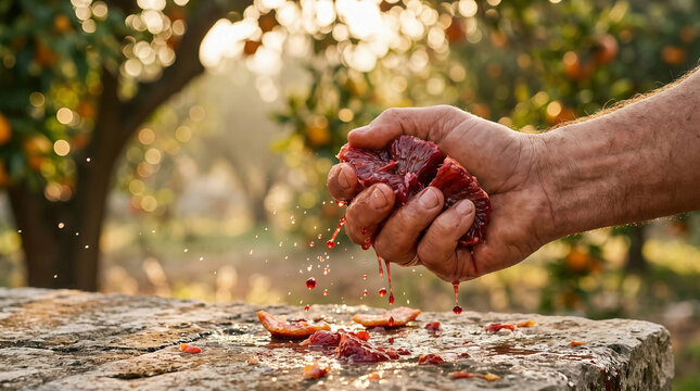Close up of a human hand crushing a ripe blood orange over a textured stone surface with juice droplets flying in a bright sunny orchard