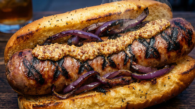 A close up macro shot of a delicious grilled sausage sandwich featuring toasted bread caramelized red onions and spicy mustard steam rising