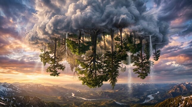 Surreal Floating Forest Suspended Beneath Storm Cloud Above Mountain Valley at Sunset with Waterfalls and Dramatic Sky