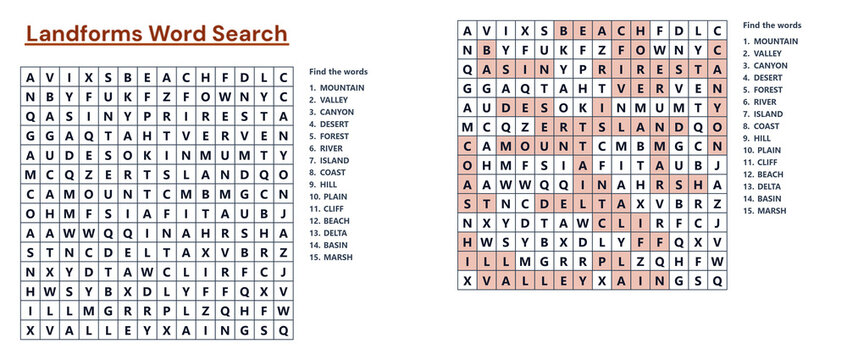 Landforms word search puzzle with answers on white background  
