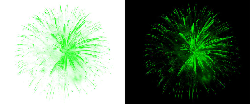 Green firework burst isolated on white and black backgrounds, vibrant neon pyrotechnic explosion, glowing emerald firework display for festive design