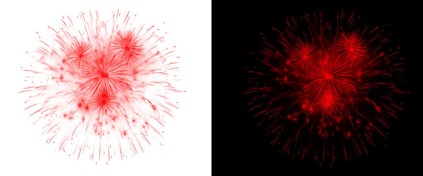 Red firework explosion isolated on white and black backgrounds, vibrant pyrotechnic burst set, glowing festive firework display for celebration design