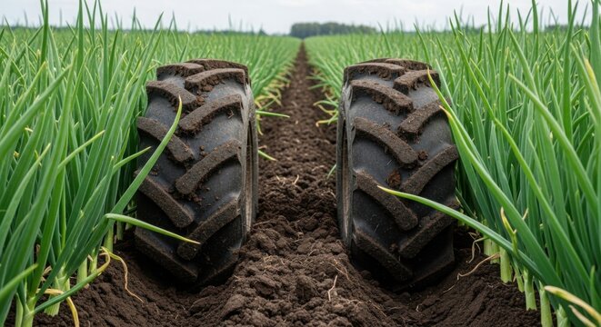 Farming landscape with tractor tracks through vibrant green onion fields creating an agricultural scene. Tractor wheels mark earth in rows of fresh onion plants,